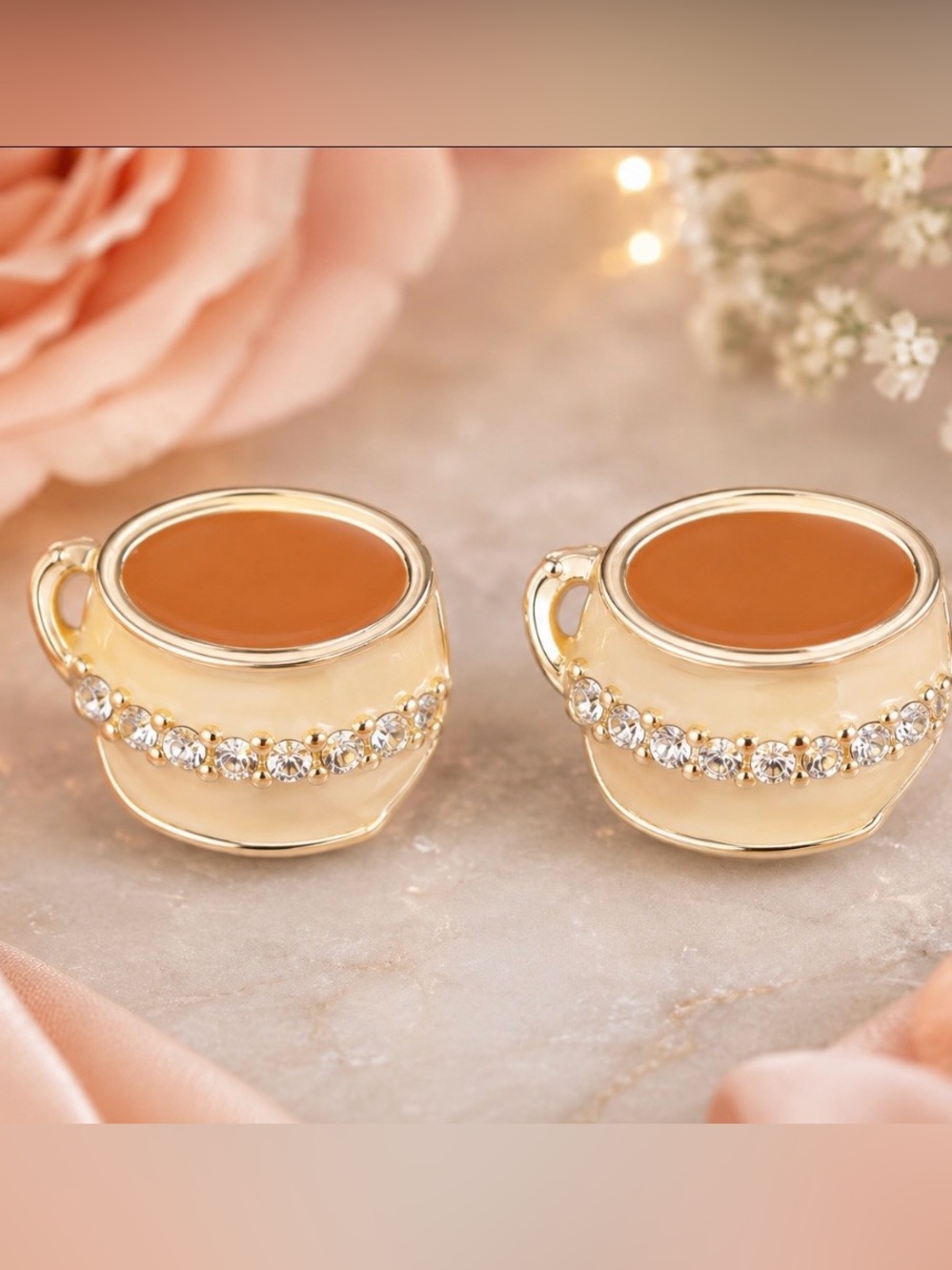 Cute Teacup Enamel Original Dots - Cream and Brown